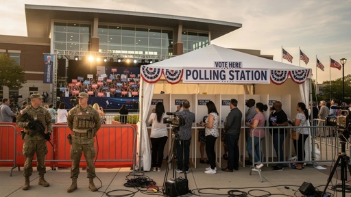 Polling station with military personnel and voters in line