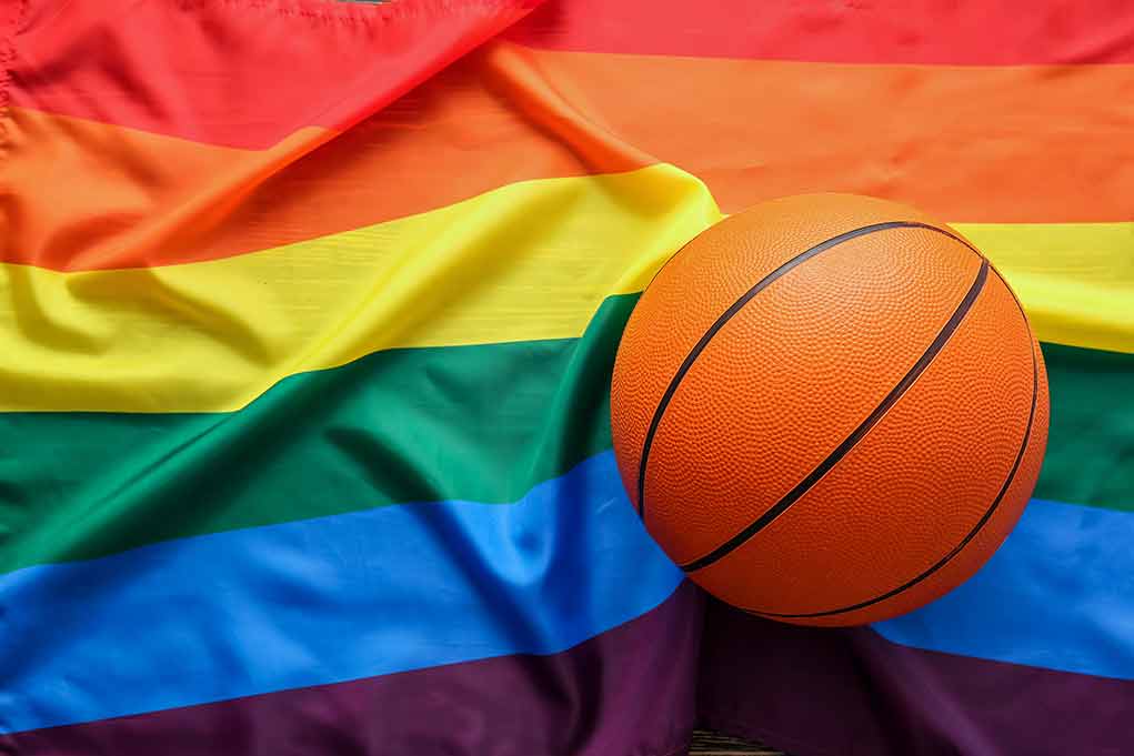 Basketball on a rainbow pride flag