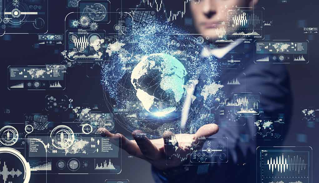 Businessperson holding a digital globe with data interfaces